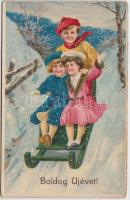 New Year, sledging, children, litho (fa)