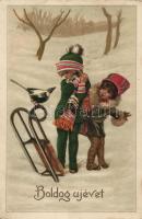 New Year, sledge, children, litho (Rb)