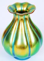 Zsolnay zöld eozin mázas váza, jelzett, pereme alatt lepattanások, m:12 cm/ Zsolnay eosin vase, cracked