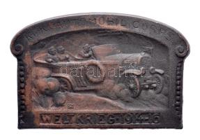 Osztrák-Magyar Monarchia 1914-1916. "K.u.K. AUTOMOBIL CORPS" cink(bronzozás maradványai) sapkajelvény (28x43m) tű nélkül T:2 Austro-Hungarian Monarchy 1914-1916. "K.u.K. AUTOMOBIL CORPS - WELTKRIEG 1914-16" zinc(bronze residues) cap badge (28x43mm) without pin C:XF