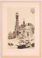 Olvashatatlan jelzéssel: Szentháromság tér. Nagyméretű nyomat, üvegezett igényes keretben 50×36 cm / Budapest after the World War II, offset