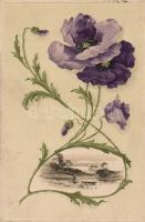 Flower, lake with boat, litho, Emb.