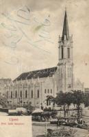 Budapest IV. Újpest, katolikus templom, piac (ragasztónyom / gluemark) (fa)