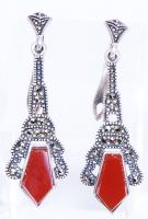 Egy pár, art deco, ezüst (Ag) fülbevaló markazitokkal és fazettált karneollal /  A pair of silver art deco earrings with faceted carnelian stones and marcazites, 5cm, br: 7,1gr