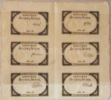Franciaország 1793. 5 Livre Série 966 6klf aláírással, 6-os egybefüggő ívben T:bankjegyek hajtatlanok, ív középen hajtva! RRR!!!