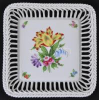 Herendi áttört virágos tálca, kézzel festett, jelzett, hibátlan, 18×18 cm/ Herend porcelain basket