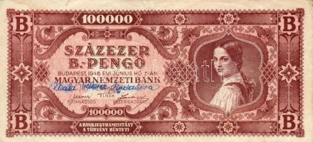 1946. 100.000B.-Pengő a rajta ábrázolt hölgy eredeti aláírásával és a hozzátartozó történet leírásával! Feltehetően ez az egyetlen ilyen létező példány! T:II/III