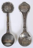 2db jelzett ón díszkanál és egy ónpohár /  Tin souvenire spoons and a tin cup