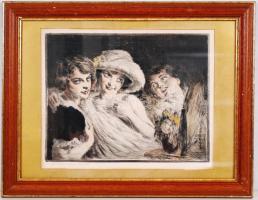 Prihoda István (1891-1956): Három lány a tükör előtt. Színezett rézkarc, papír, üvegezett keretben, 44,5x34,5cm