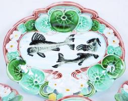 Halas kínálótálka készlet, mázas kerámia, kézzel festett, apró mázhibákkal, jelzés nélkül, összesen ...