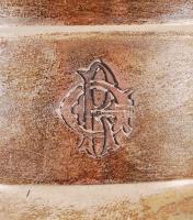 Monogramos fagyi kehely, alpakka, üvegbetéttel és jelzett fagyi kanállal, m:12 cm