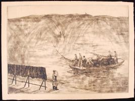 Gacs Gábor (1930): Balatoni halászok. Rézkarc, papír, jelzett, 43,5x32cm