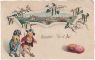 Easter chicken couple, litho (fa)