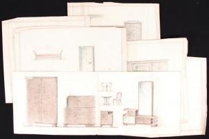 Jelzés nélkül: Bútortervek (cca 1930), 6 lapon, vegyes technika, cca 30x43cm