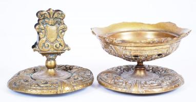 cca 1910 Díszes sárgaréz gyufatartó és hamutartó a Magyar Fém és Lámpa Gyár R.T.-től, 11cm