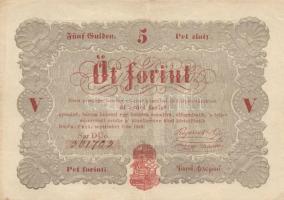 1848. 5Ft piros "Kossuth bankó" barna hátlapi nyomattal T:II,II- (csak középen hajtva)