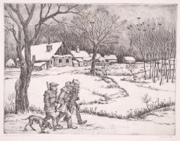 Gácsi Mihály (1926-1987): Hazatérő vadászok. Rézkarc, papír, jelzett, üvegezett keretben 45×63 cm