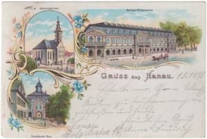 1898 Hanau, Johanneskirche, Kurhaus Wilhelmsbad, Frankfurter Thor litho (fa)