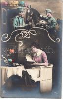 Easter, greeting card, soldiers with horse, lady