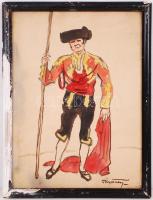 Pólya Tibor (1886-1937): Torreádor a kellékeivel. Vegyes technika, papír, jelzett, sérült keretben 25×18 cm