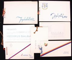 Cca 1946-1949, 9 db báli meghívó: Sportrepülő Garden Party, Bölcsészbál, Jogászbál, Bencés Diákok Bálja, Medikusbál, Katolikus Egyetemi Ifjúság Bálja, stb