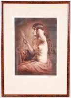 Paulovits Pál (1892-1975): Fésülködő nő. Színezett rézkarc, papír, jelzett, törött üvegezett keretben  52×39 cm