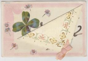 Clover with flowers, mechanical card, silk, litho, Emb. (EK)