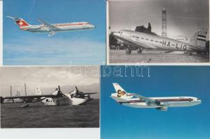 Repülőgépek - 28 db modern képeslap (Malév, német, thai, orosz, stb., katonai repülők) régi gépek rajzaival, szinte mind használatlan; néhány ismétlődő példánnyal