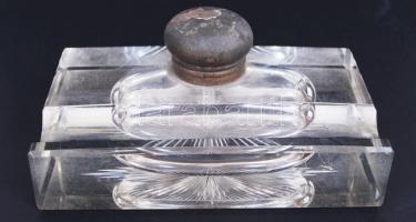 Cca 1920 Asztali üveg tintatartó, fém betéttel, 20×13 cm, m:9 cm