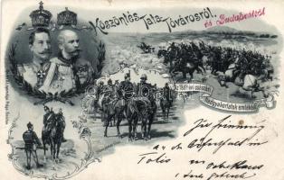 1897 Tata-Tóváros Császári hadgyakorlatok, Kaisermanöver emléklap, Vilmos császár, Ferenc József litho (kis szakadás / small tear)