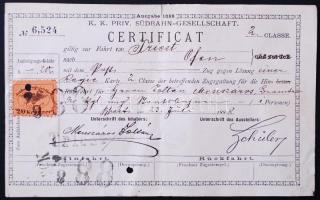 1888 Déli vasút társaság utazási igazolás Trieszt - Buda viszonylatra