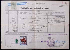 1941 Születési anyakönyvi kivonat 1P + 50f illetékbélyegekkel + 2P Budapest Székesfővárosi illetékbélyeggel