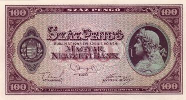 1945. 100P sorozat és sorszám nélkül T:I alig észrevehető, nagyon pici gyári papírhibával RRR!!!