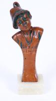 cca 1920 Fütyörésző fiú, szecessziós festett spiáter büszt alabástrom talapzaton / Whistling boy, art nouveau bust from painted zamak on alabaster stand, 10cm