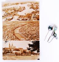 cca 1960 Egyedi futballrelikviák, FTC-kitűzők és az 1954-es svájci VB magyar-német selejtezőjéről küldött, emlékpecsételt, futott képeslap vezérszurkolótól