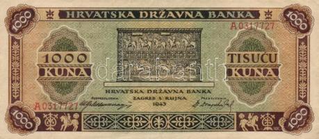Horvátország 1943. 1000K T:II- Croatia 1943. 1000 Kuna C:VF