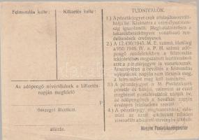 1946. 100.000AP nem kamatozó Pénztárjegy "Másra Át Nem Ruházható" és "M.Kir.Postataka...