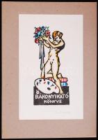 Révész Kornél: Bakonyi Kató könyve. Színezett linómetszett, jelzett, kartonra kasírozva, 23x16,5cm