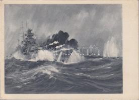 German battleship Scharnhorst, English battleship Renown, artist signed