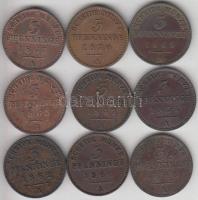 Német Államok / Poroszország 1847A-1870A 3Pf Cu (9x) klf T:2,2 German States / Prussia 1847A-1870A 3Pf Cu (9x) different C:XF,VF