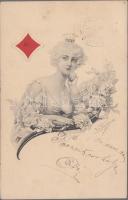 French card, lady, artist signed (small tear)