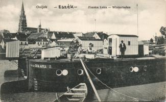 Eszék, Esseg, Osijek; Téli kikötő MÁMT Dráva 2 uszállyal. Amalie Eckel kiadása Nr. 7. / Zimska Luka / Winterhafen / winter port with barges