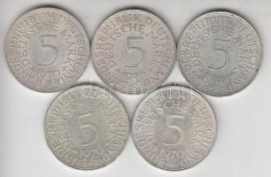 NSZK 1969-1970. 5M ag (5x) klf verdejellel! T:2,2- GFR 196-1970. 5 Mark Ag (5x) only different mint marks C:XF,VF