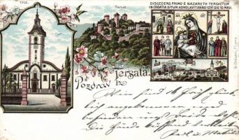 Fiume Trsat castle, church, litho (cut)