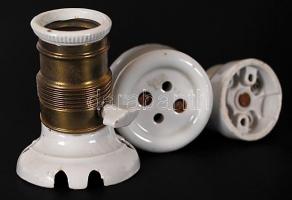 cca 1930 Porcelán elektromos kapcsoló, konnektor és lámpafoglalat / 
Porcelain plug, switch and lamp...