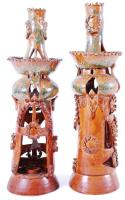 Egy pár, mázas kerámia mécses- és gyertyatartó /  A pair of ceramic candle holders, 35cm