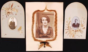 1920-1940 3db portrékép emberi hajjal és havasi gyopárral díszített paszpartuban