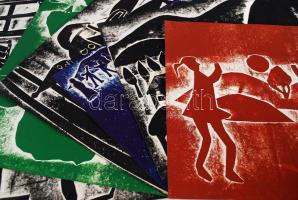 1980-1990 6db gyermekalkotás, ragasztott, festett motívumok, szürreális kompozíciók