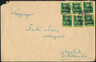 (6. díjszabás) Távolsági levél 6x Kisegítő 100P/12f bérmentesítéssel (sarokhiány), inflation cover franking
