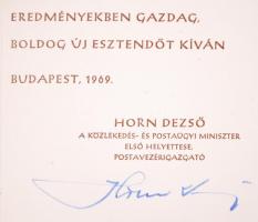 Aláírás; 1969 Újévi üdvözlőlap Halászbástya rézkarccal és Horn Dezső postaügyi miniszter-helyettes, ...